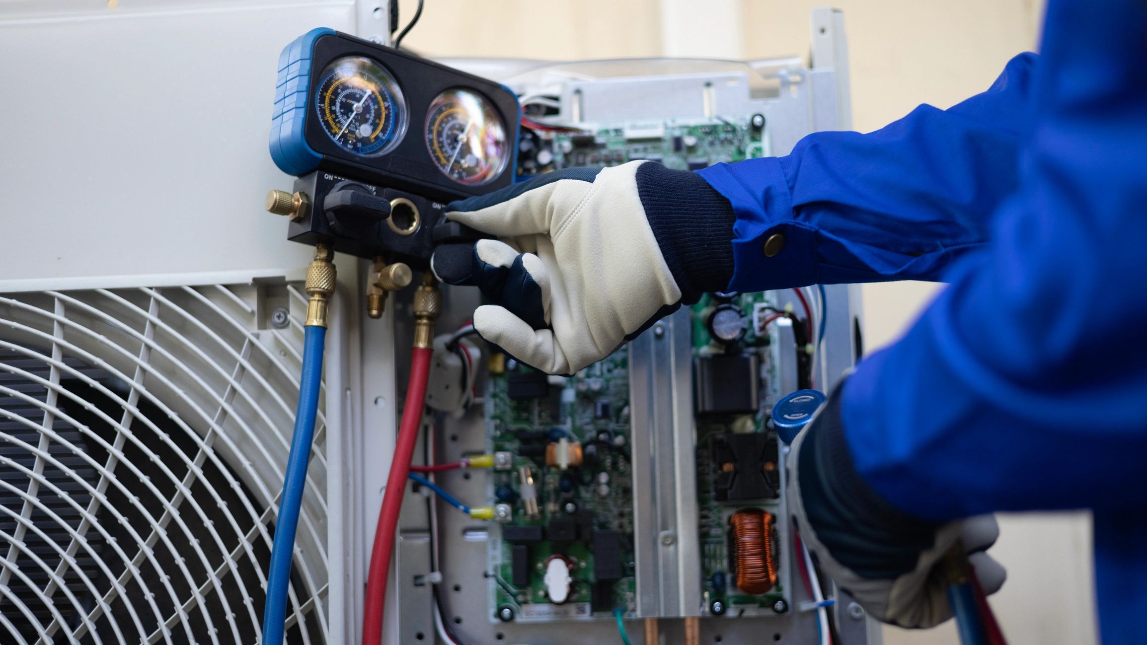 Close up Air conditioner's technician hand check  fill refrigerant liquid and maintenance condensor unit, Home care service (Close up Air conditioner's technician hand check  fill refrigerant liquid and maintenance condensor unit, Home care service, A